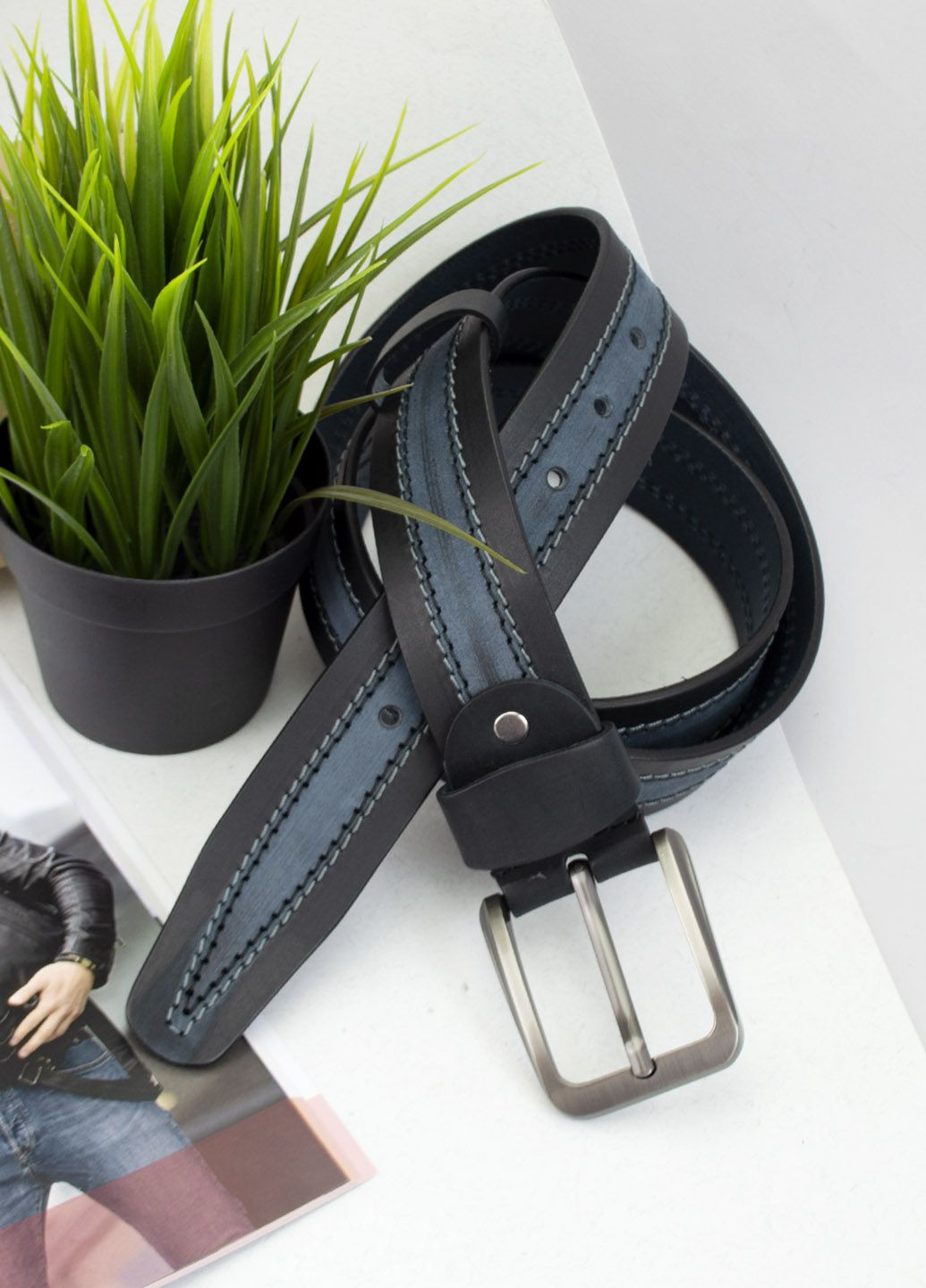 Ремінь чоловічий шкіряний батал 145 см SF-405 XXL під джинси синій SFIP (328198293)