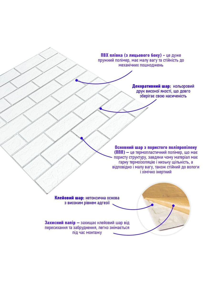 Панель стінова 700х700х5мм Біла цегла зі сріблом SW-00001502 Sticker Wall (362095061)