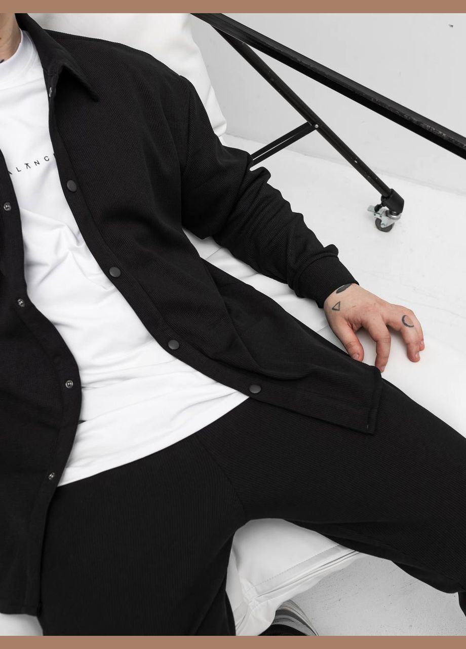 Чорний демісезонний чоловічий костюм вафелька з сорочкою, брючний Україна