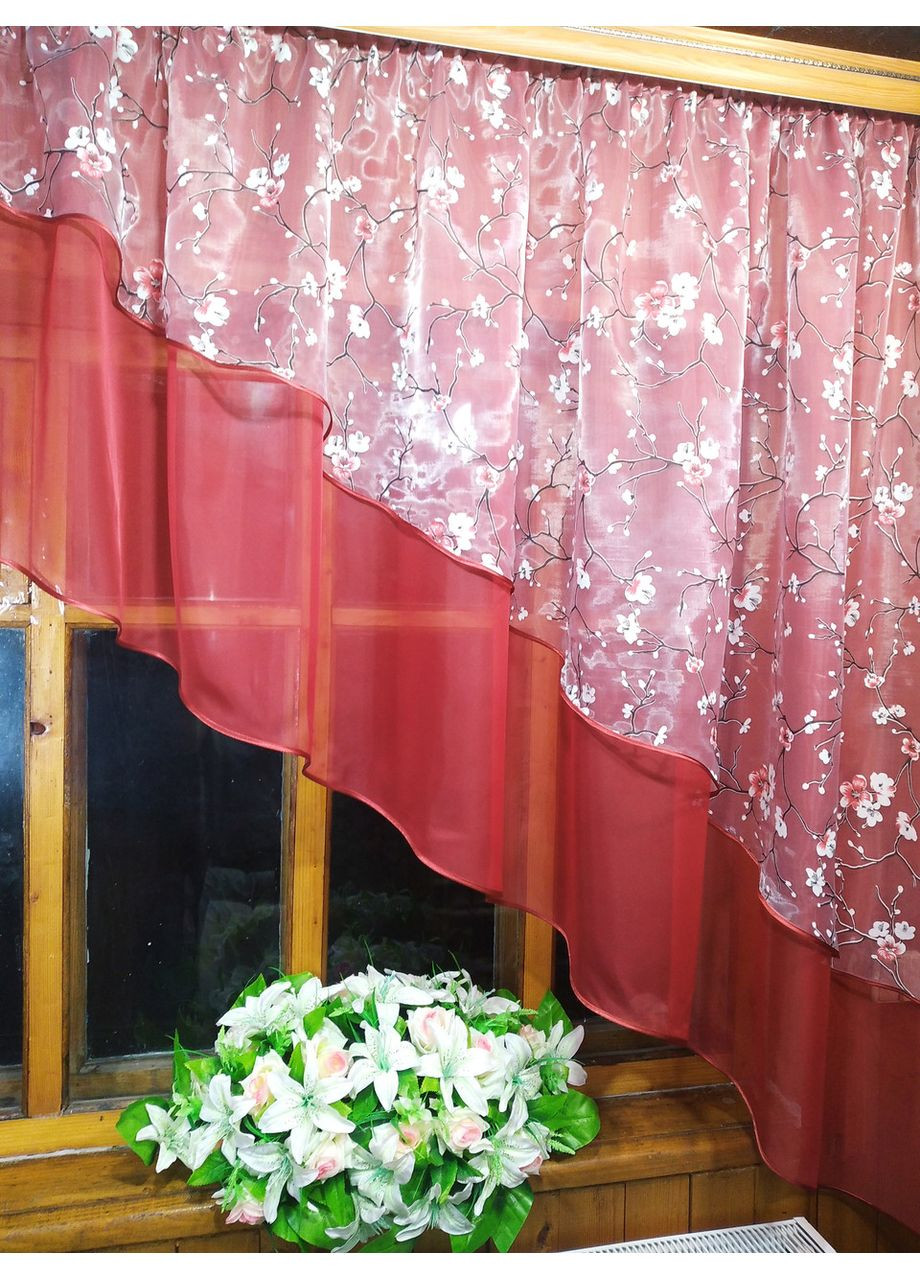Фіранка арка коротка готова Ніка бордо сакура червона права No Brand (372133820)