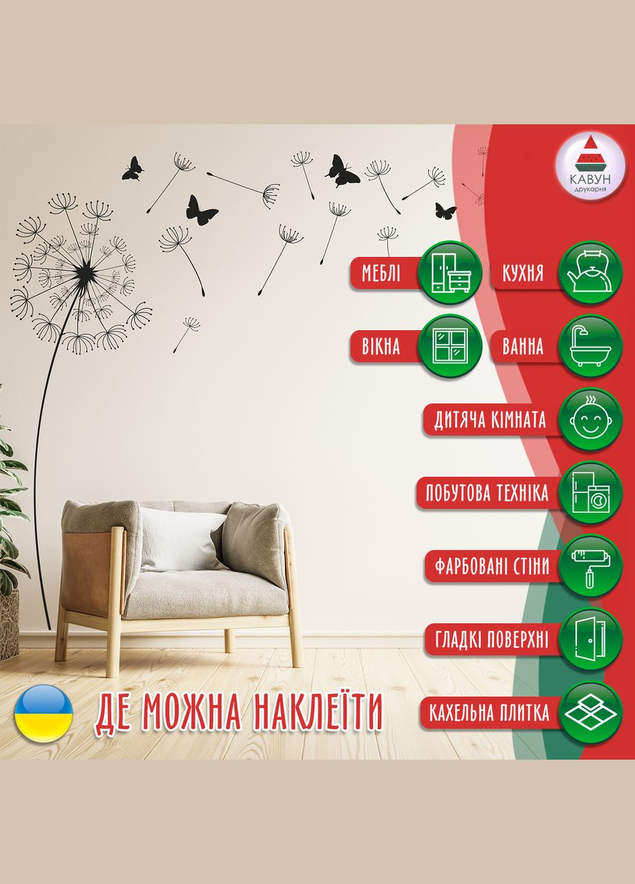 Вінілова інтер'єрна декор на стіну та шпалери (скло, меблі, дзеркало, метал) "Кульбаба" з оракала Кавун наклейка (316189589)