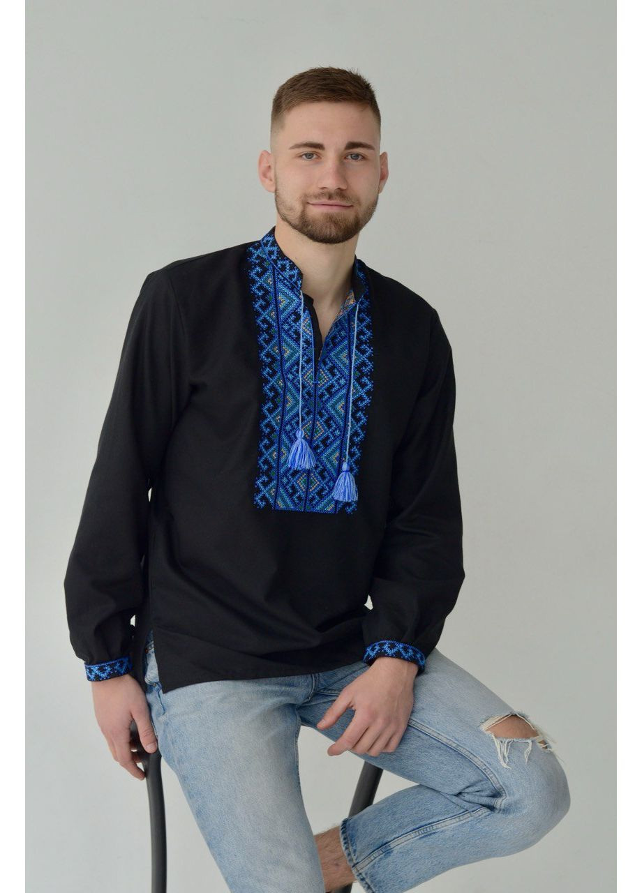 Чёрная мужская вышиванка из черного домотканого полотна узор орнамент прямой, свободная хлопок (353390243)