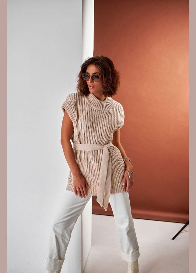 Бежевий демісезонний подовжений жилет з теплої пряжі (2448) Triko Bakh