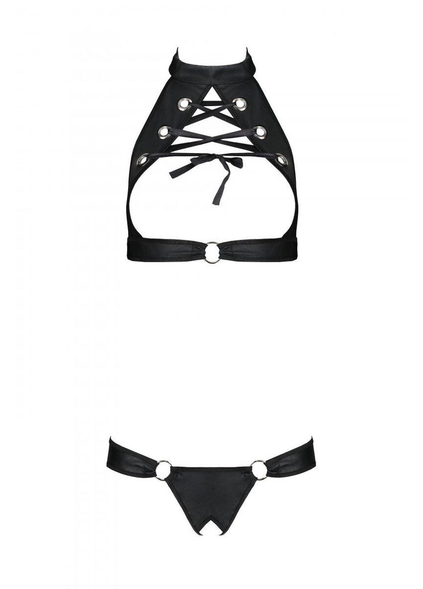 Черный демисезонный комплект из эко-кожи malwia set with open bra black: топ и трусики с люверсами Passion