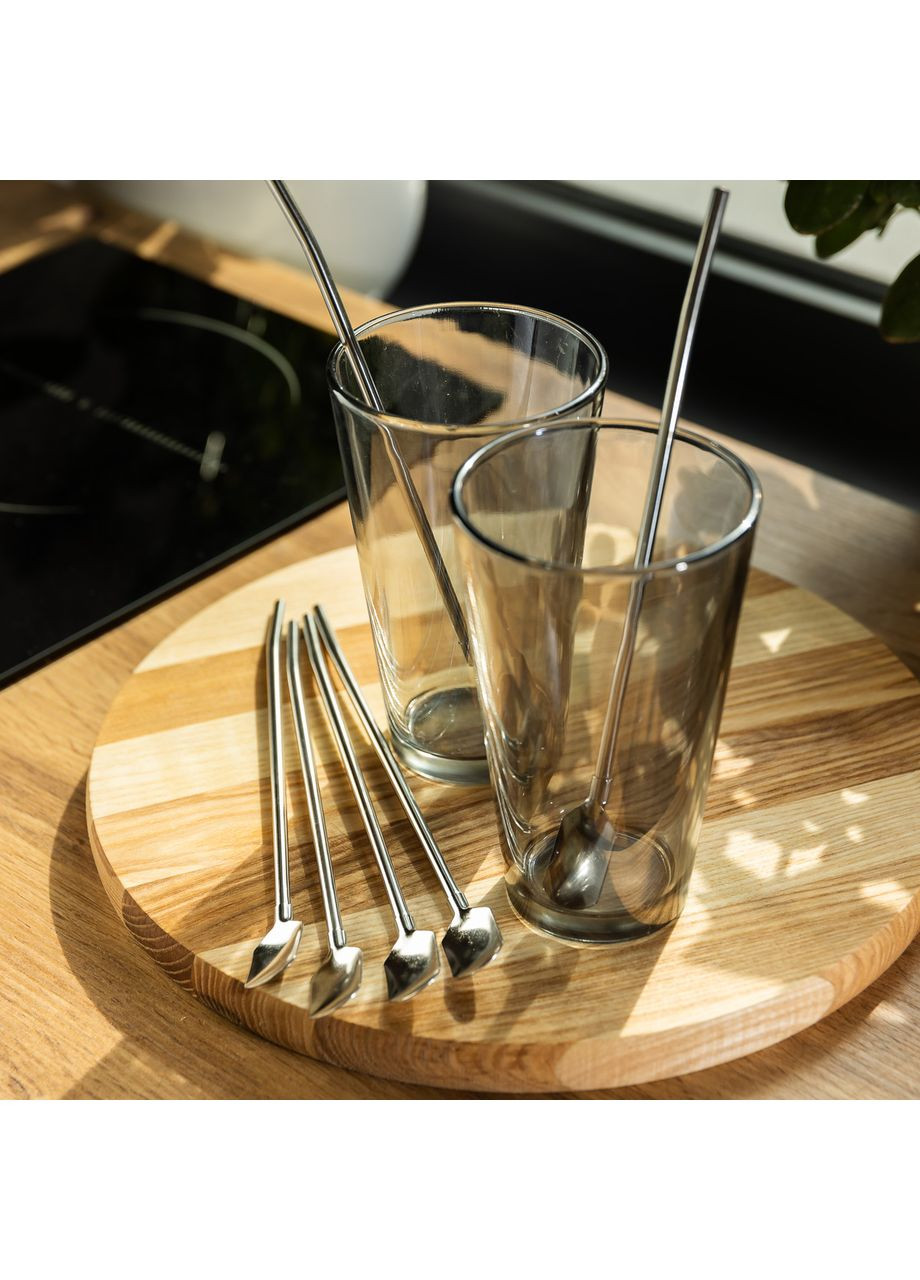 Набір багаторазових ложок-трубочок 6 шт для напоїв 22 см зі щіткою для миття з нержавіючої сталі Сірий HP-20-19 (A-033716) Yiwu (355889965)