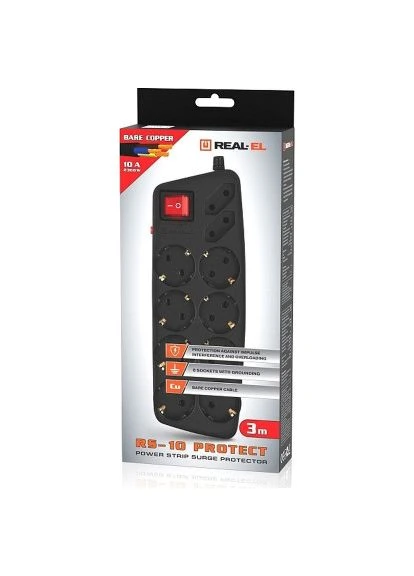 Сетевой фильтр питания RS-10 Protect, 3M, black (EL122300039) Real-El (396863135)