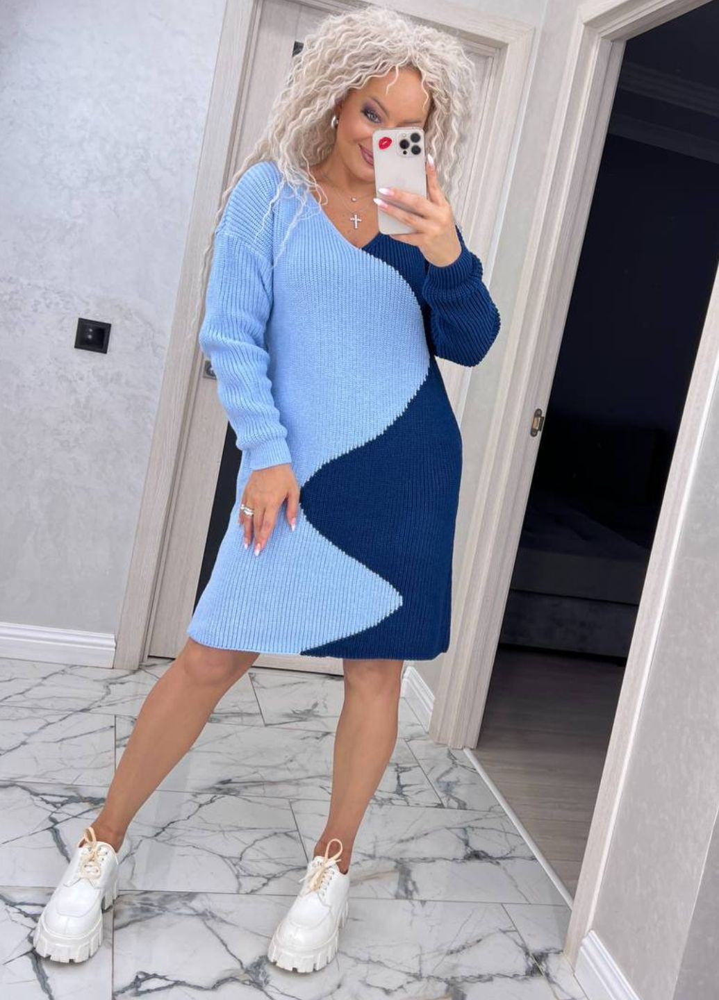 Голубое повседневный вязаное платье меди Tik-Tak