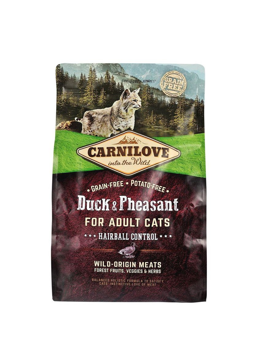 Сухой корм Cat Hairball Control для вывода шерсти у кошек, утка и фазан, 2 кг Carnilove (363196413)