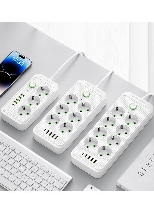 Мережевий фільтр подовжувач на 3 розетки + 4 USB-A + 1 USB-C (PD) 2 м Білий No Brand (351361041)
