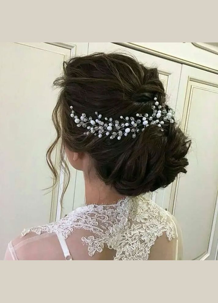 Прикраса в зачіску з намистин, кришталева гілочка білого кольору в зачіску нареченої (HB-00311) Ksenija Vitali (301218620)