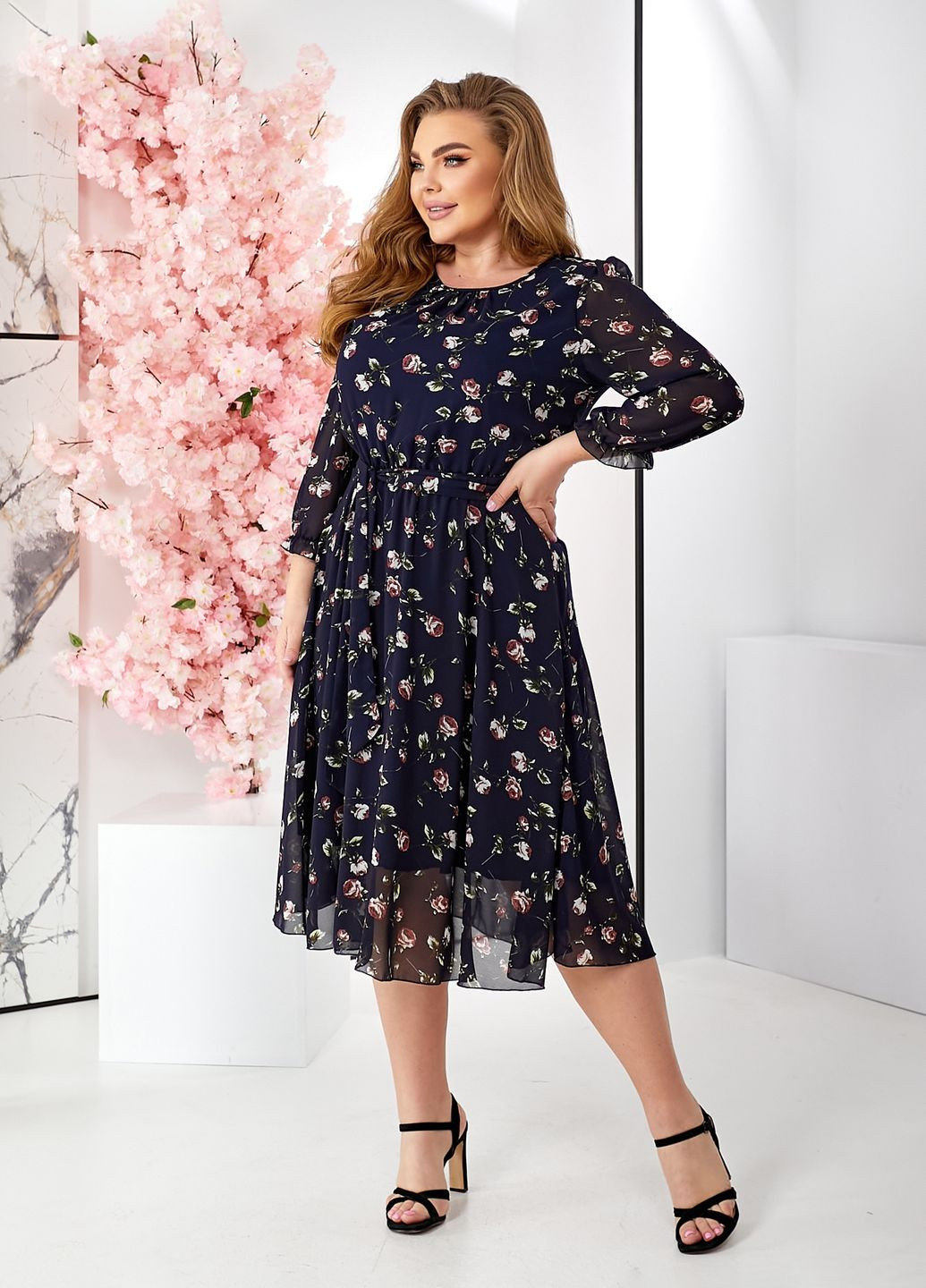 Синя повсякденний, кежуал шифонова сукня з довгими рукавами кльош, дзвін No Brand з квітковим принтом