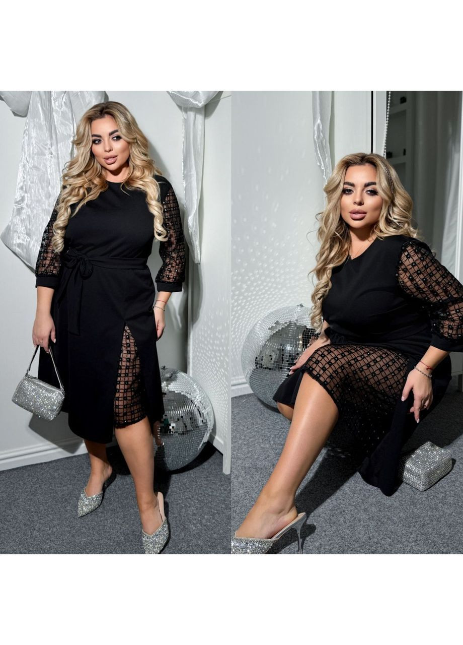 Чорна сукня жіноча святкова чорна зі вставками сітки. великі розміри No Brand