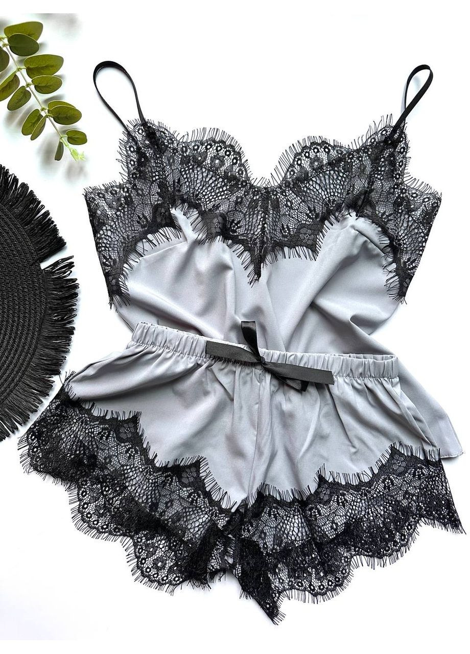 Сіра всесезон піжама з мереживом, комплект на подарунок майка + шорти Exclusive