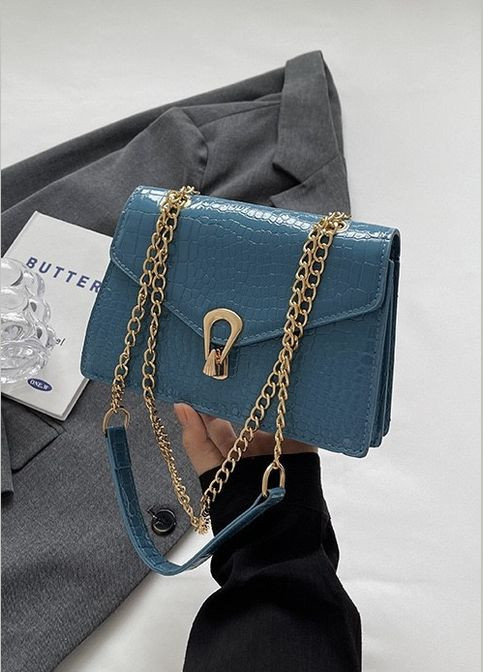 Женская классическая сумка 3120-6585 через плечо кросс-боди на цепочке рептилия голубая No Brand (296008240)