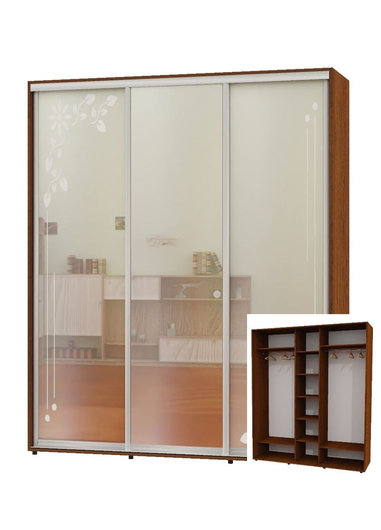 Шафа-купе тридверна 170*60*230 Горіх лісовий 2 Дзеркала з піскострумним малюнком/Дзеркало ШК-04 Алекса (360440285)