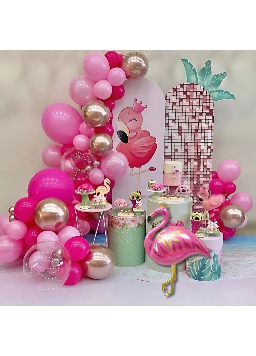Набір 60 куль для фотозони Квітковий фламінго з баблс Рожевий і фуксія No Brand (360560047)