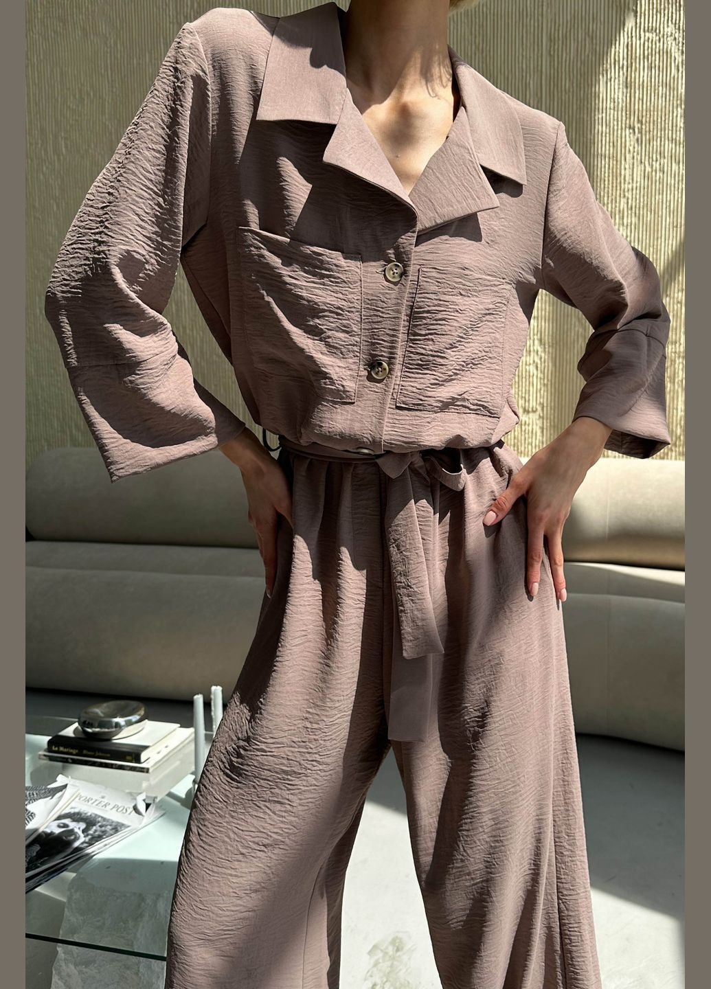 Жіночий літній комбинезон з американського крепу Jadone Fashion комбінезон-брюки однотонний коричневий повсякденний, кежуал креп