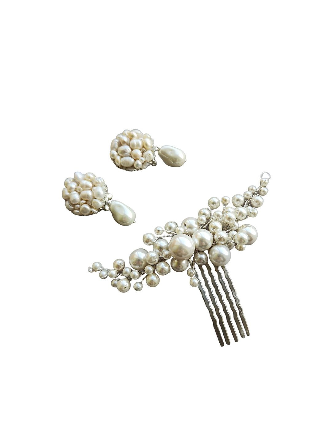 Набір прикрас для нареченої гребінець у зачіску та сережки пусети з натуральних перлин (NP-0064) Ksenija Vitali (290187219)