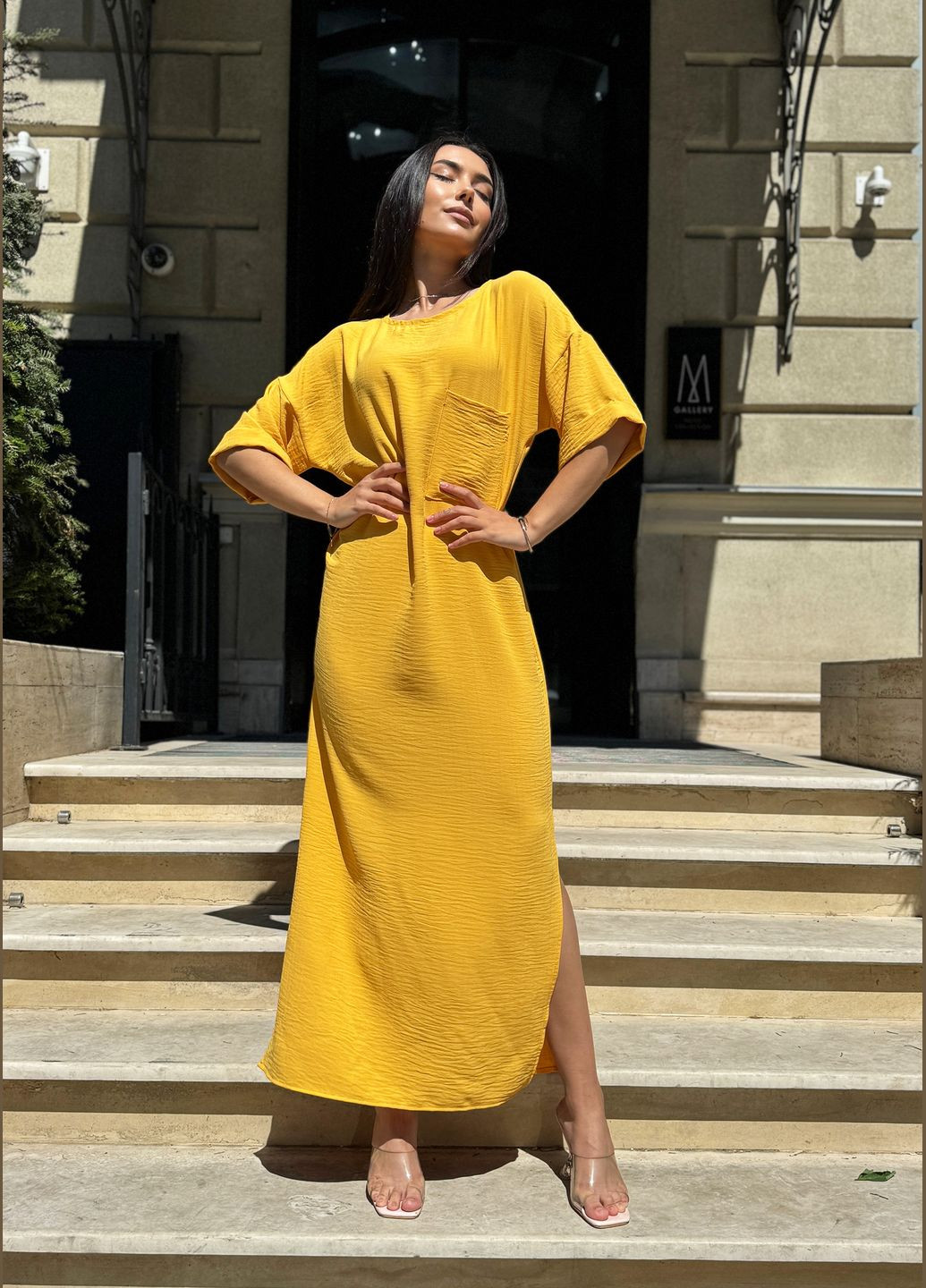 Желтое повседневный, пляжное летнее яркое желтое длинное платье оверсайз INNOE однотонное