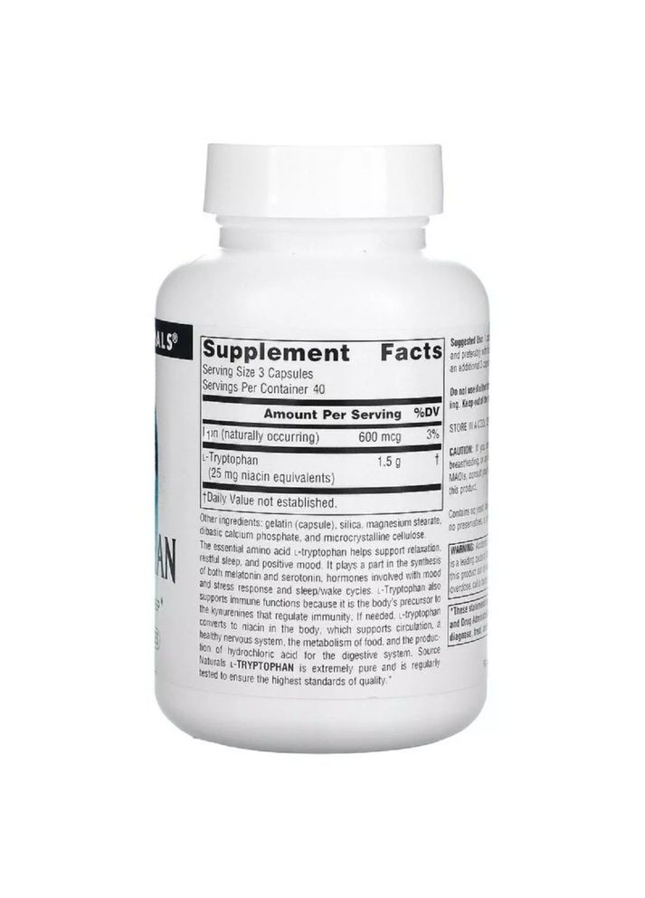 Амінокислота L-Tryptophan 500 mg, 120 капсул Source Naturals (322209360)