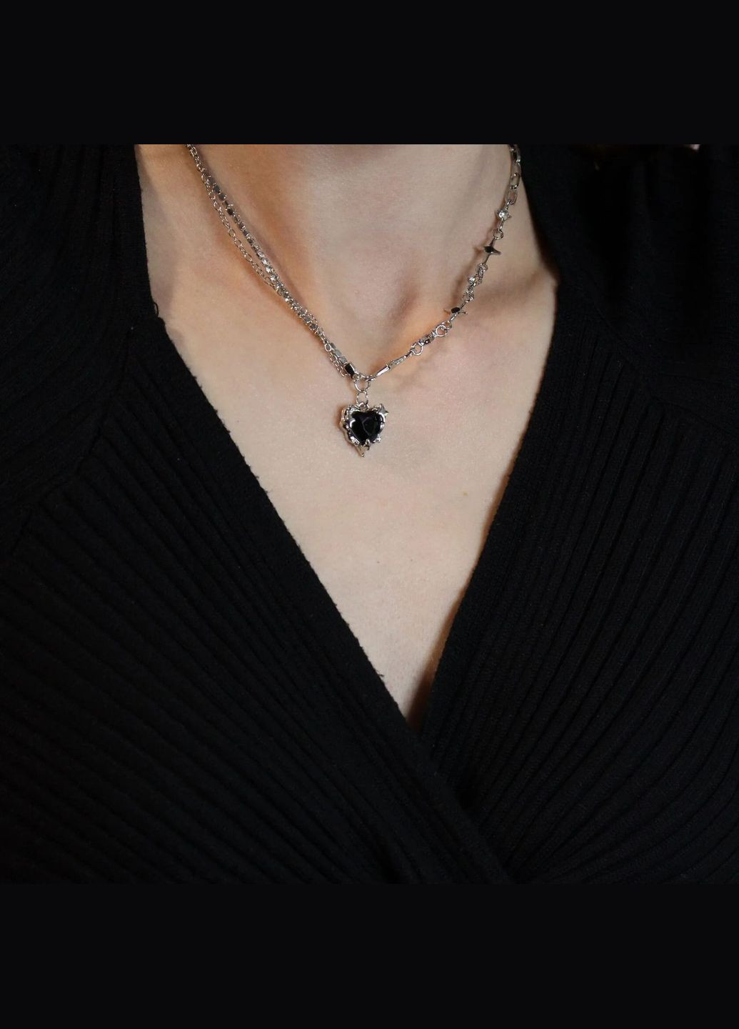 Асиметричне кольє сріблясте з чорним камінцем серця відмацьке готичний подвійний ланцюжок з кристаликом вінтаж кулон панк альт No Brand (307165439)