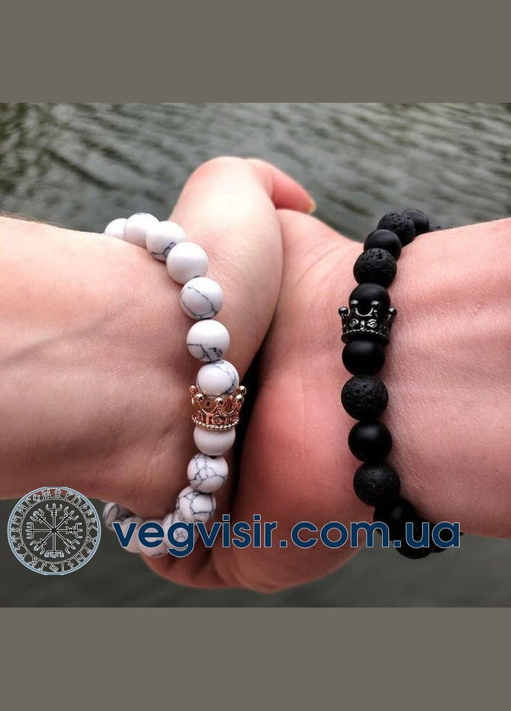 Парні браслети для двох закоханих з шунгіту вулканічного каменю чорний і білий з короною КОРОНА No Brand (343051595)