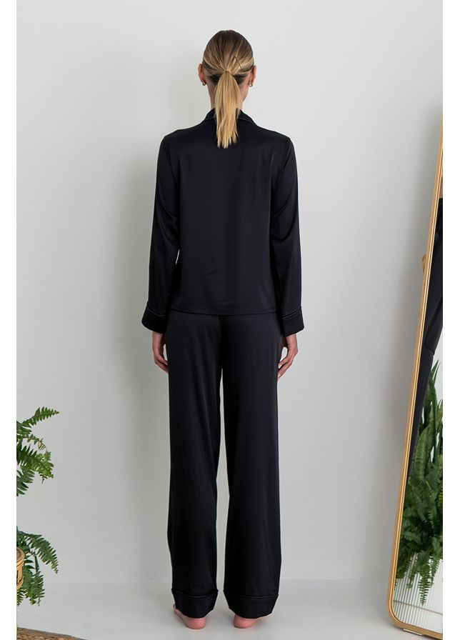 Чорна всесезон піжамний шовковий костюм total black сорочка + брюки Forly