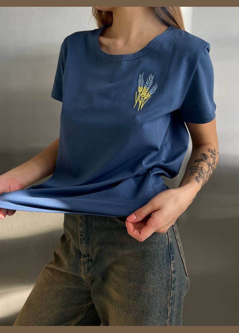 Синяя всесезон шикарная качественная синяя футболка onesize с вышивкой колосков, красивая патриотическая футболка из турецкого кулира хлопка No Brand 514-2