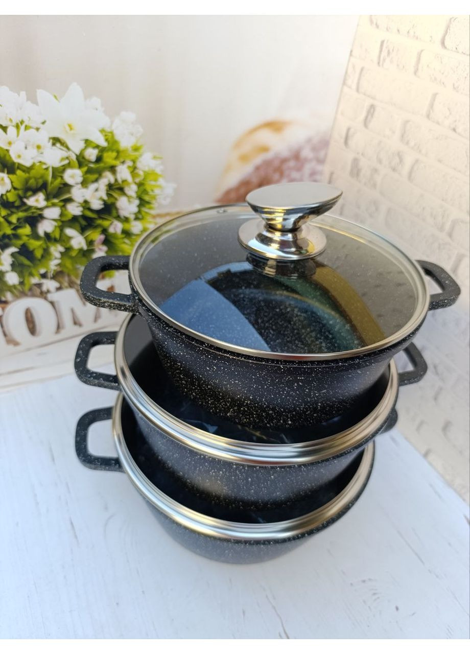 Набір каструль 1493 з мармуровим антипригарним покриттям 6 предметів Чорний Styleberg (353747730)