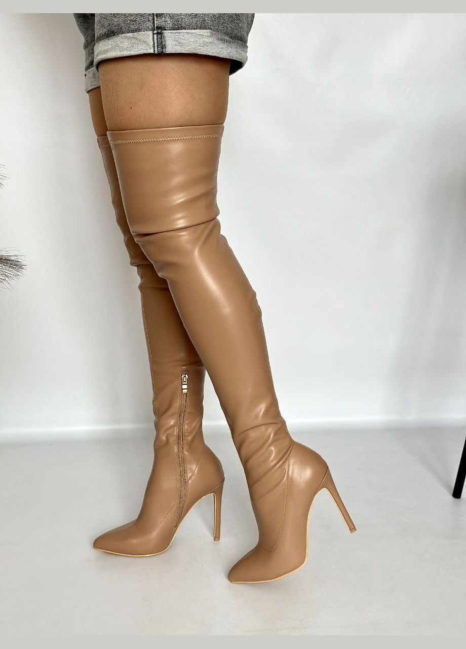 Жіночі стильні бежеві ботфорти панчохи на шпильці демісезонні No Brand (307163825)