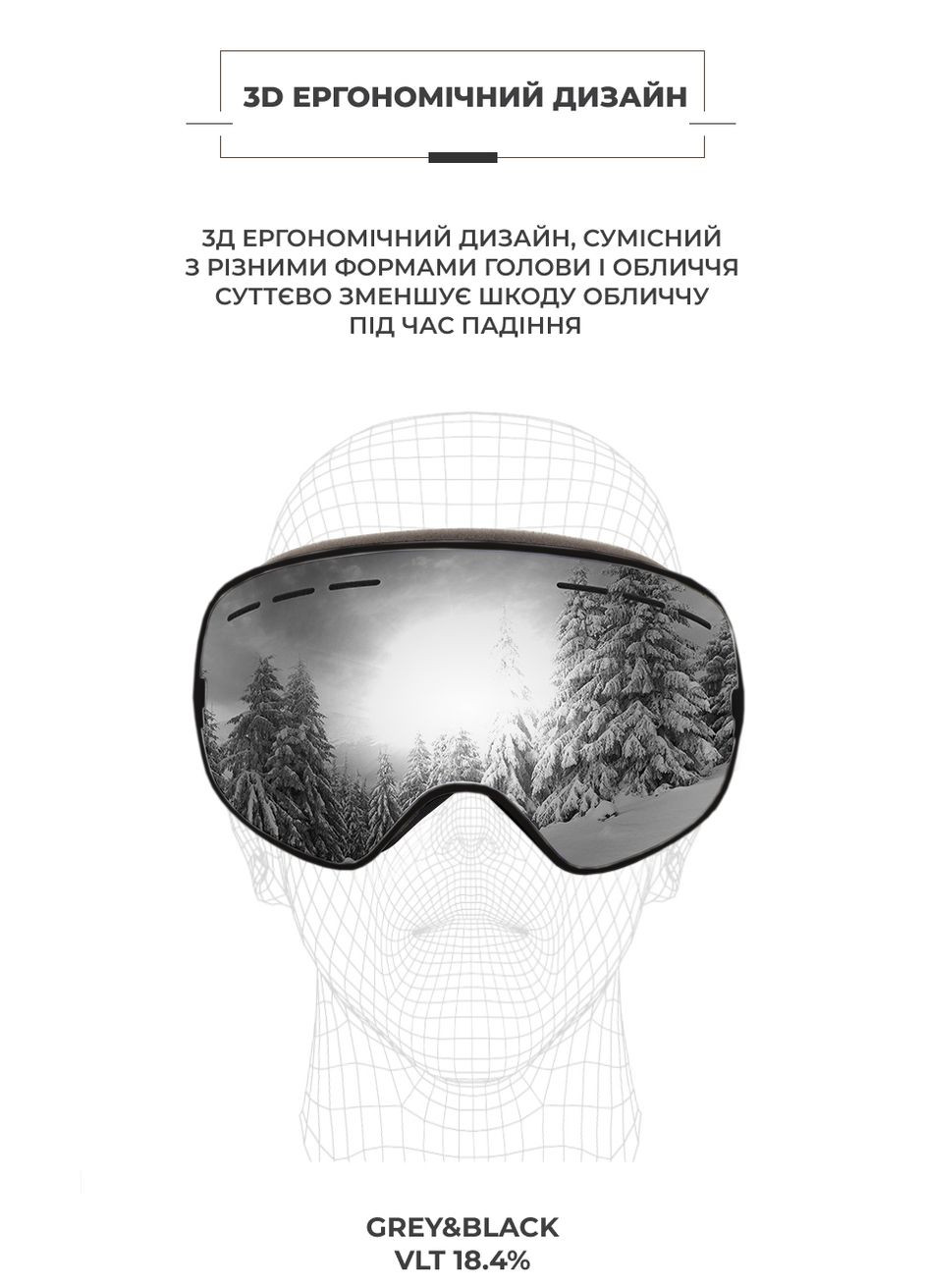 Змінна лінза для лижної маска VLT 18,4% SnowBlade Безрамкова Подвійна AntiFog Дзеркальна Grey VelaSport (274276099)