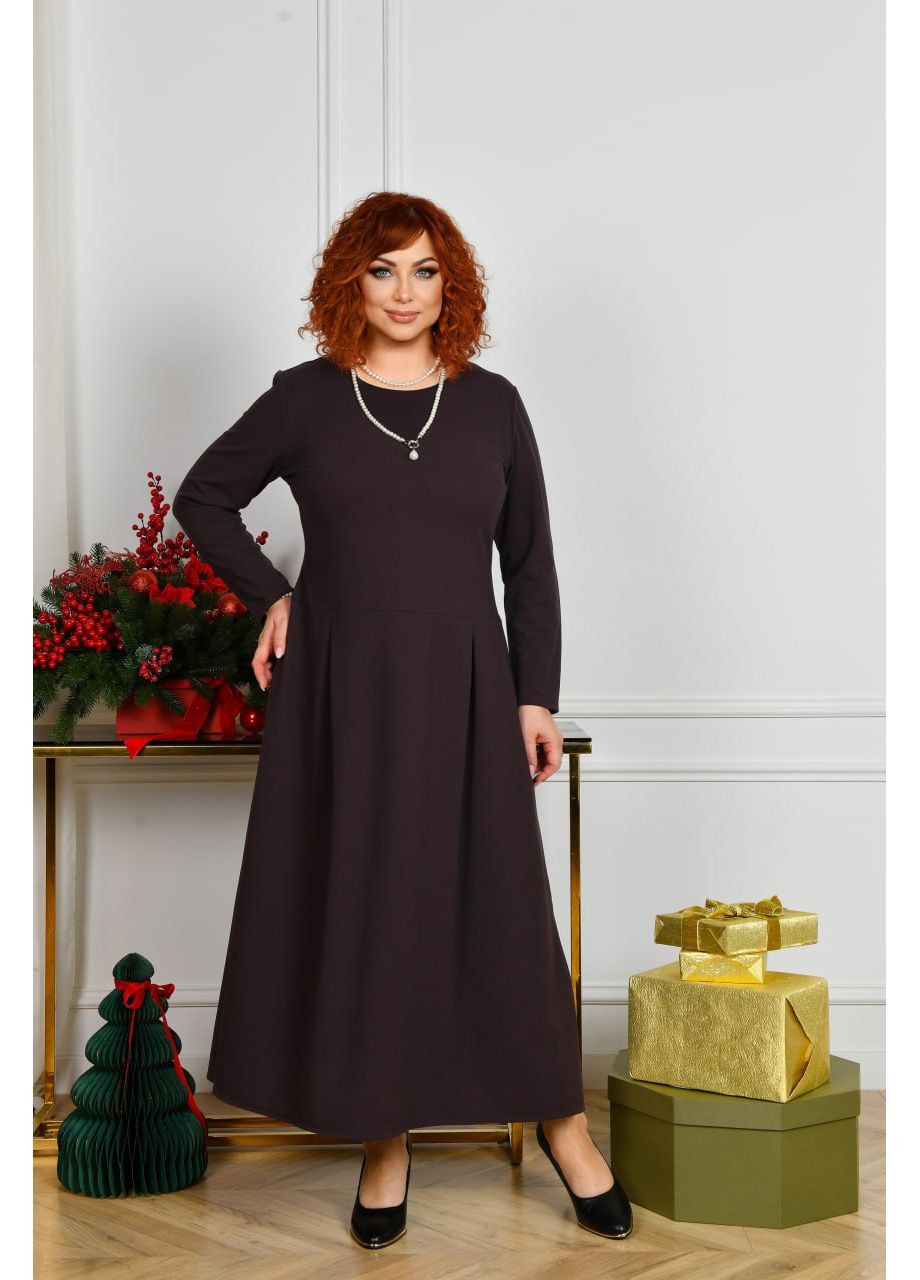 Темно-коричневое праздничный, вечернее, деловое женское платье из крепдайвинга с разрезами а-силуэт No Brand однотонное