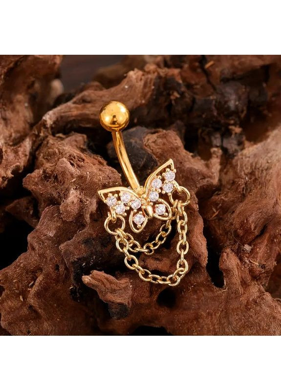 Серьга для пирсинга пупка золотистая Бабочка с белыми кристаллами и цепочками 3.3 см Liresmina Jewelry (351355716)