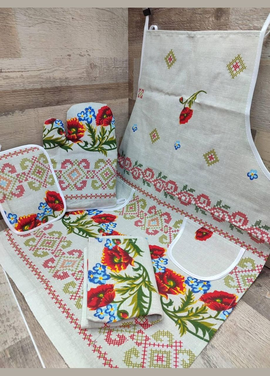 Набор кухонный фартук 3в1 55х73 Белый Маки (П4К-fartuh0012) No Brand (356515920)