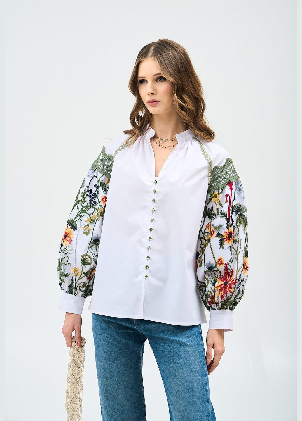 Молочная свободная вышиванка с изысканным рукавом - ua54 / eu48 Iren Klairie