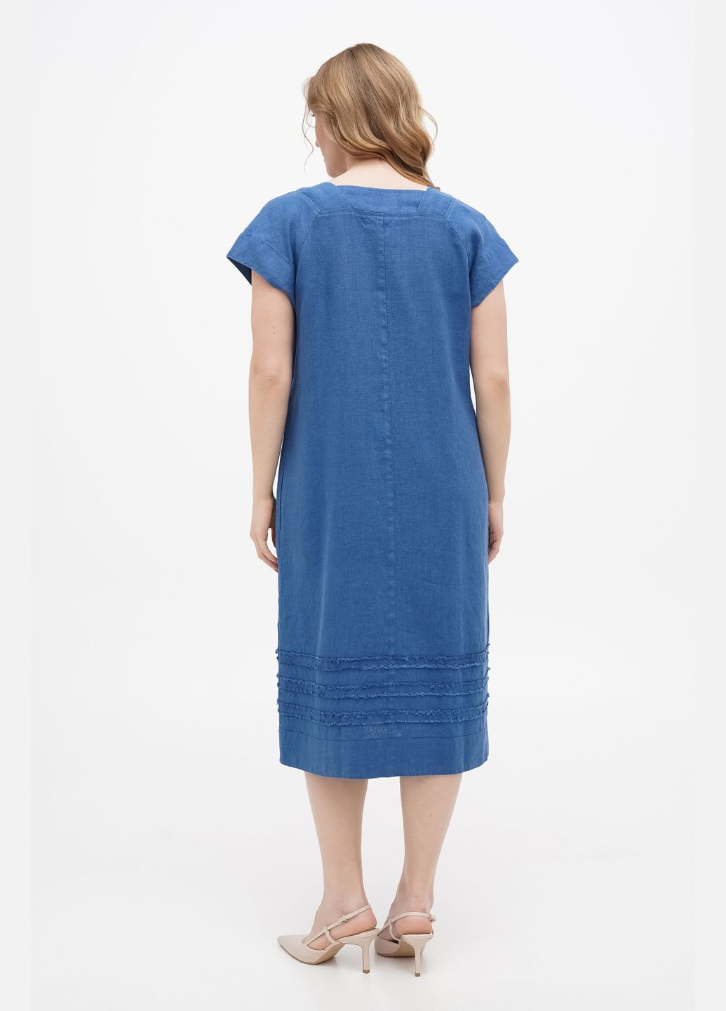 Синя лляна міді сукня великих розмірів з коротким рукавом (plus size) варна., р., код 0330/56/1087 ГАЛЕРЕЯ ЛЬОНУ
