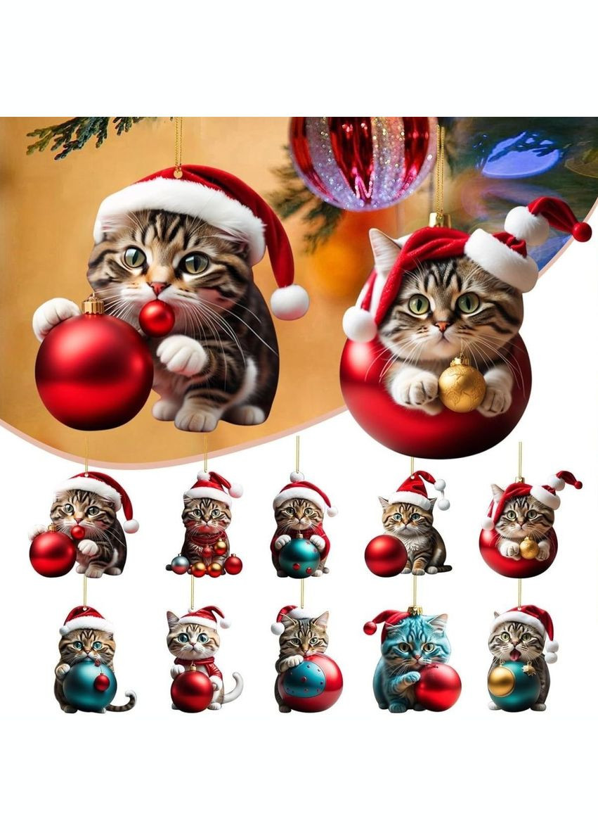 Игрушка на елку из акрила в форме шкодного котенка играющего с елочными игрушками, подвеска на ключи, в машину No Brand (314813405)