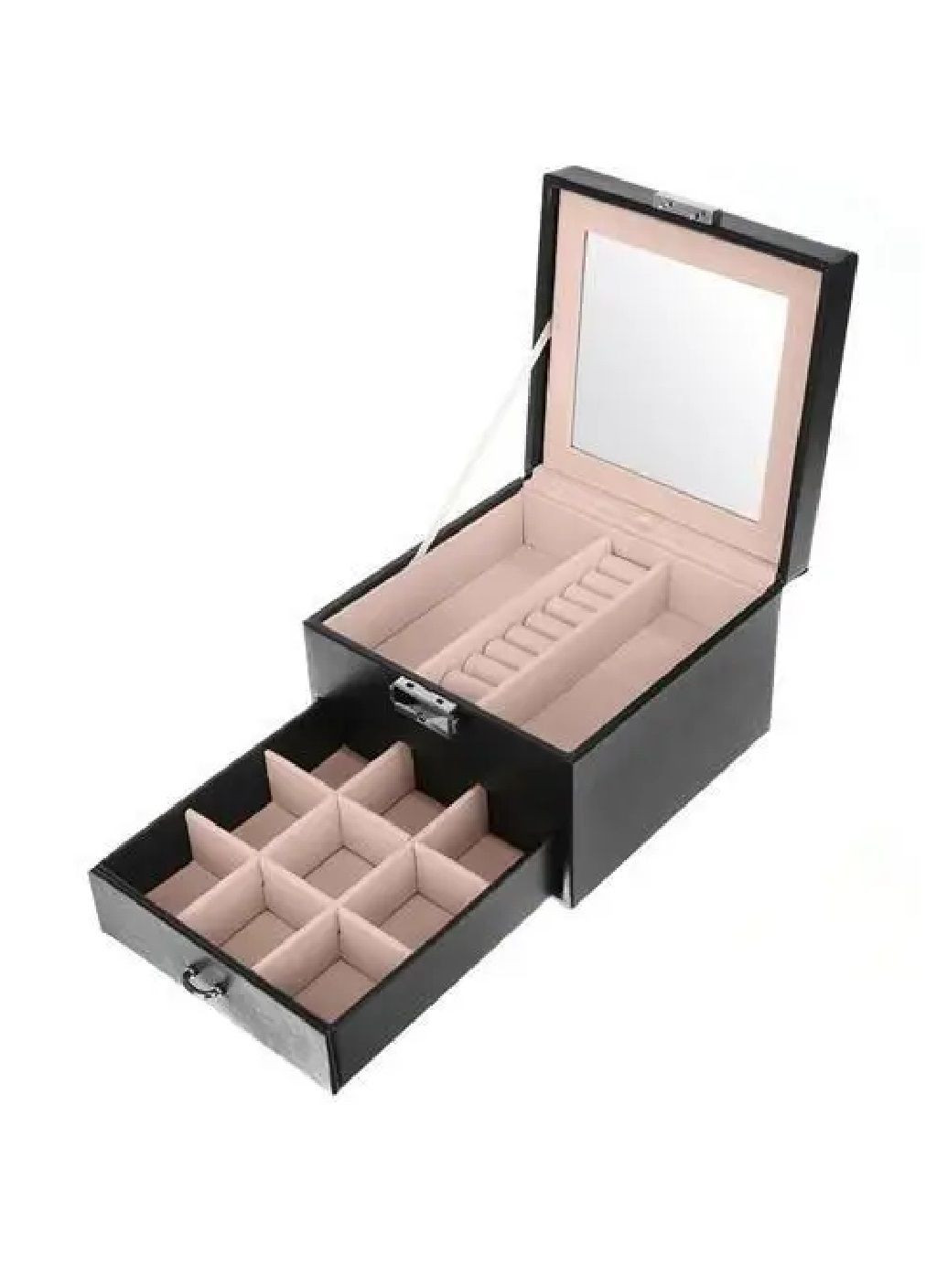 Шкатулка футляр бокс органайзер для украшений драгоценностей двухуровневая с зеркалом ключом 16х16х11 см (476676-Prob) Черная Unbranded (288044373)
