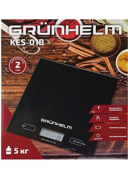 Кухонні настільні електронні ваги KES-01B із сенсорним керуванням до 5кг LCD-дисплей Чорний Grunhelm (351361300)