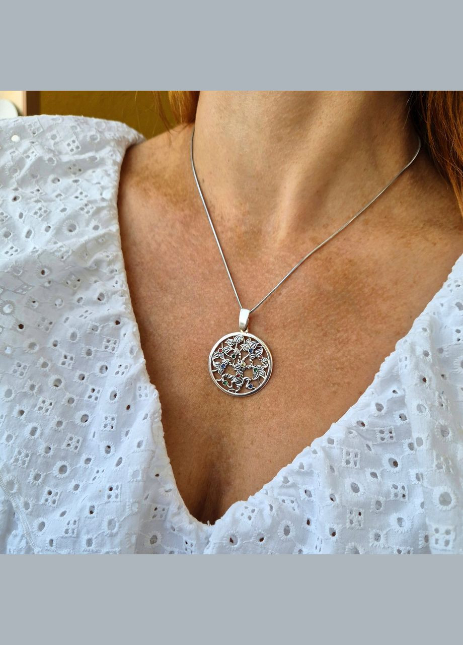 Серебряная подвеска Круглый кулон с разноцветными камнями Дерево серебро 925 пробы Родированное 93487 5.60г No Brand (306743341)