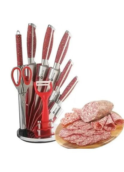 Набір кухонних ножів 9 предметів з підставкою червоний (2104618511) Zepline ZP-027 червоний, пластик, нержавіюча сталь