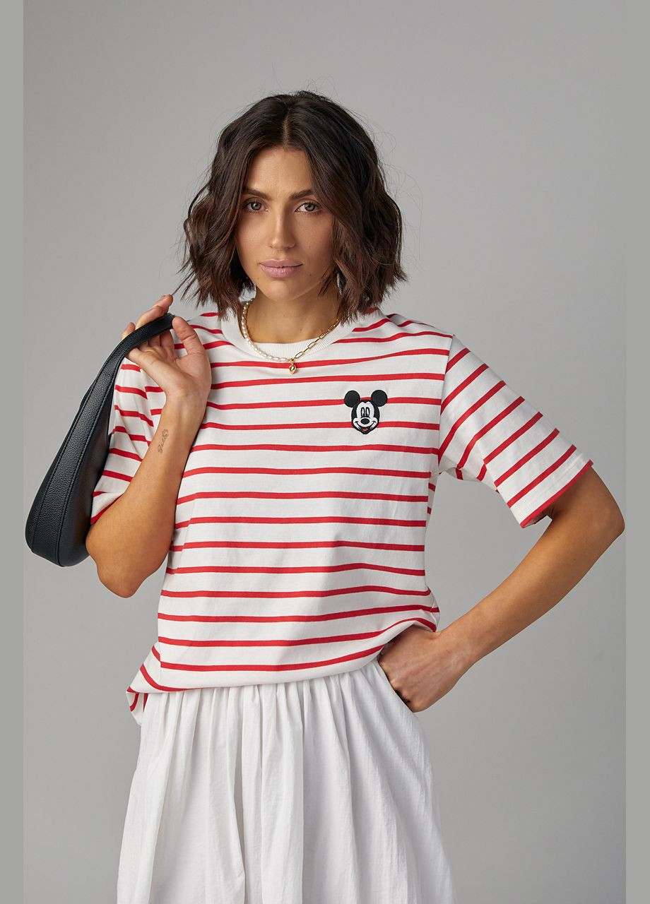 Красная летняя женская футболка в полоску с вышитым микки маусом 2456 с коротким рукавом Lurex