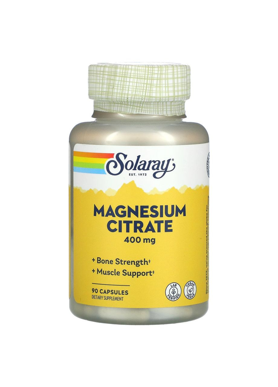 Магній цитрат 400 мг Magnesium Citrate підтримка ШКТ і нервової системи 90 вегетаріанських капсул Solaray (265913073)