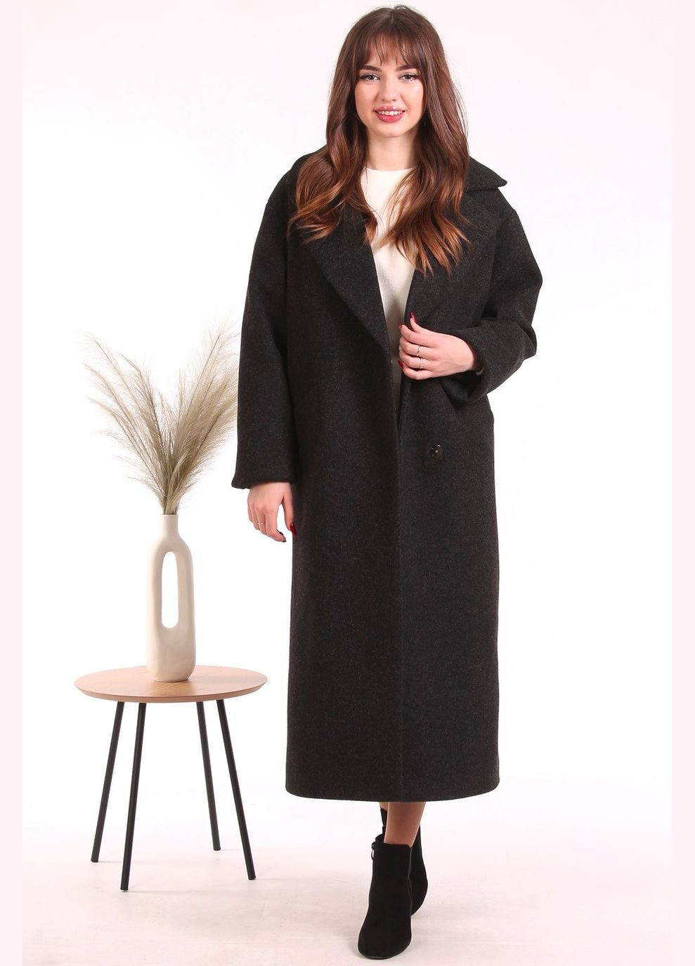 Чорне Пальто подовжений жіноча 046 меланж вовна чорний Актуаль