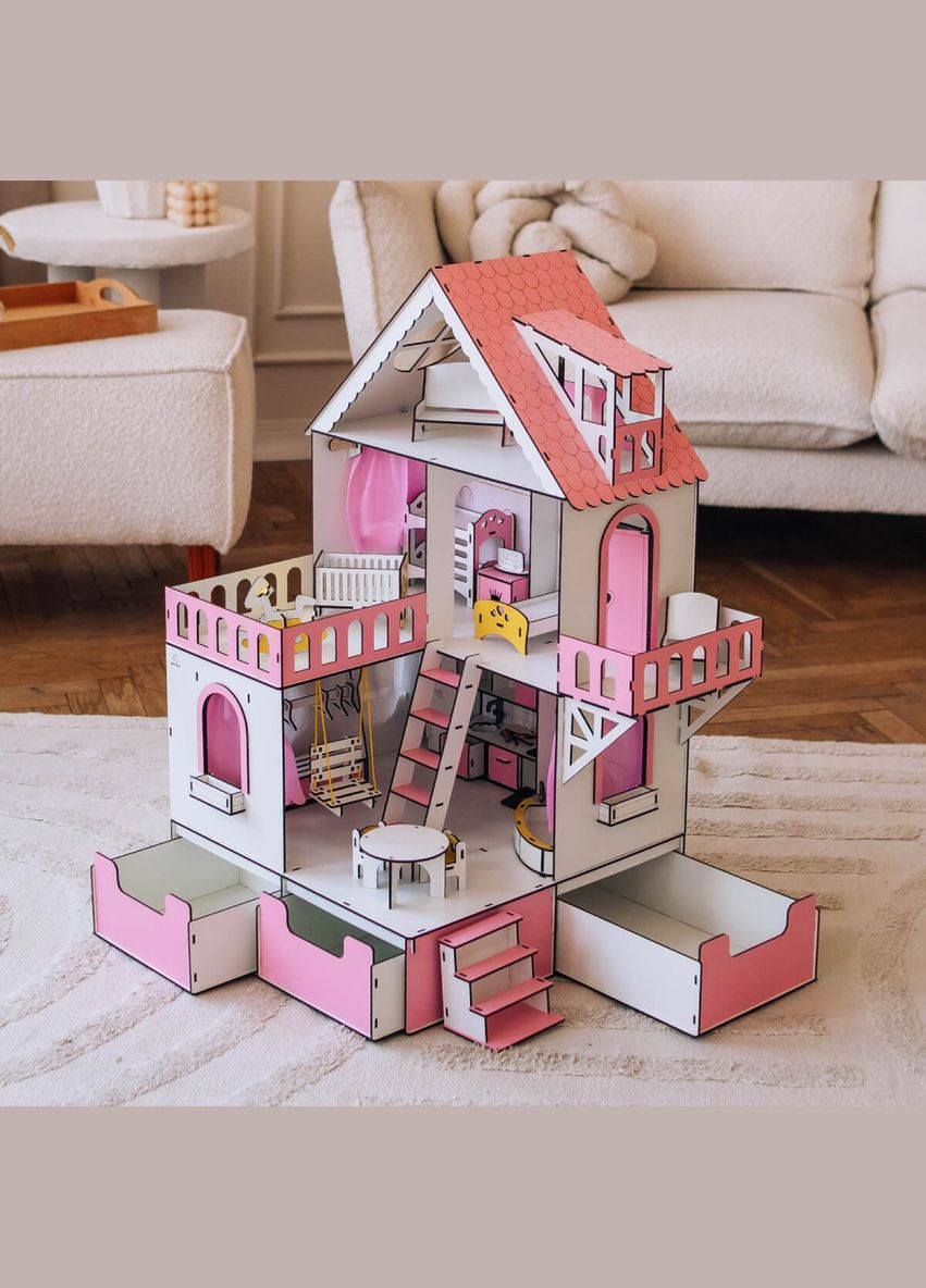 Кукольный домик Мини коттедж с органайзером с мебелью гостинная розовый (kdl001op) NestWood (311300752)