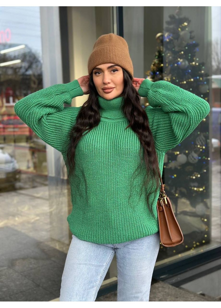 Зеленый зимний женский однотонный свитер с горловиной зеленого цвета 36210 Fashion