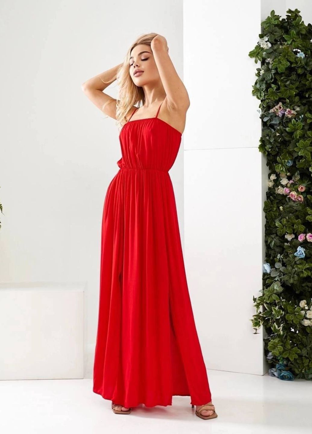 Красное вечернее платье маргарита на тонких бретельках в греческом стиле No Brand однотонное