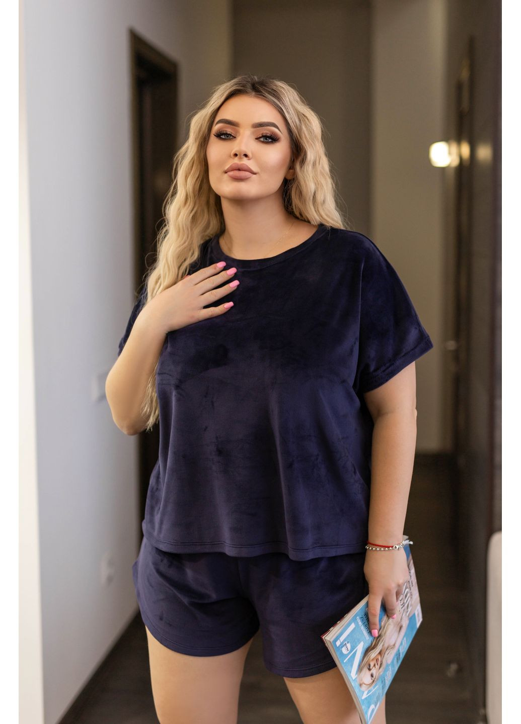 Синя всесезон жіноча велюрова піжама комплект шорти та футболка розмір gf0025 No Brand