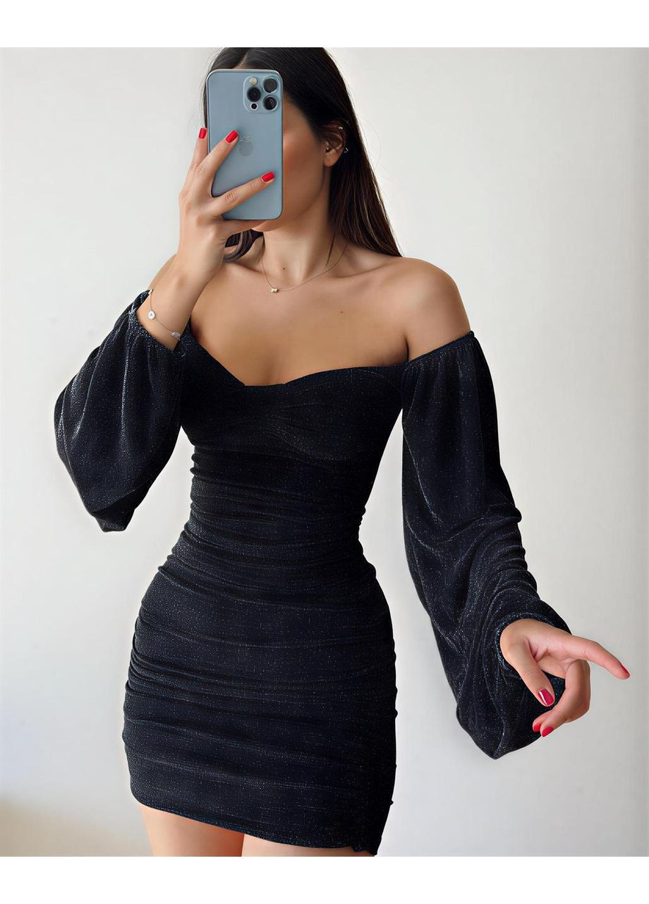 Чорна вечірня сукня жіноча святкова з люрексу з декольте міні блискуча обтягуюча JUGO однотонна