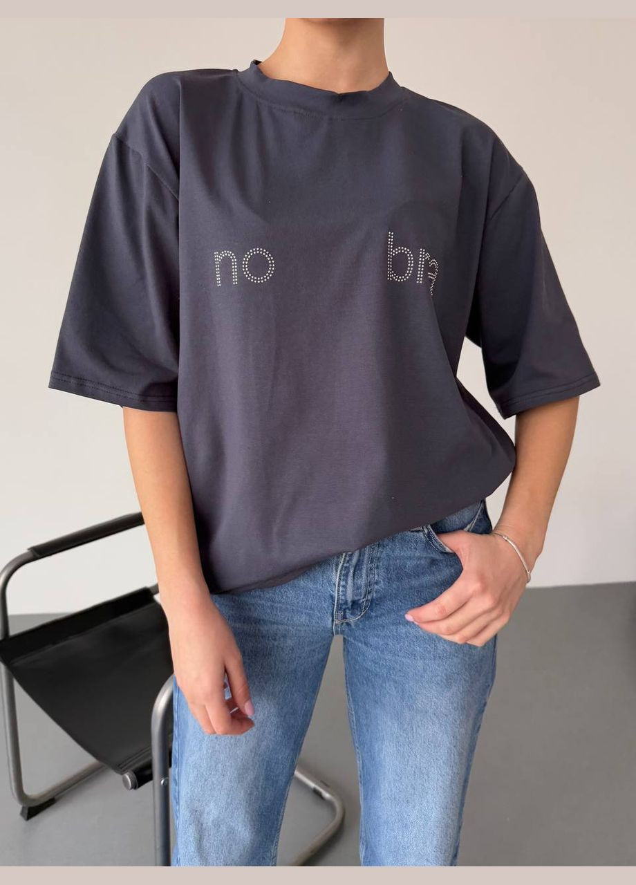 Женская футболка оверсайз со стразами No Brand Р4936-483 - (347175992)